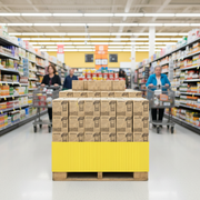 Grocery end-cap pallet display skirted in bright yellow corrugated base wrap