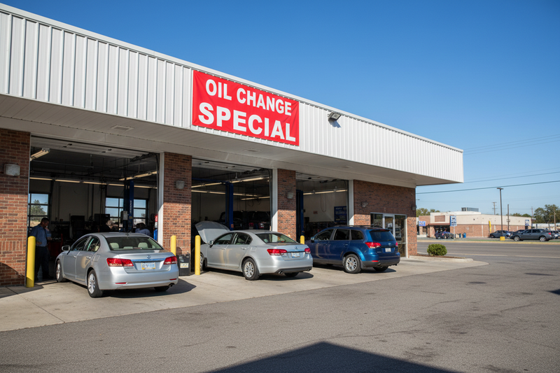 Oil Change Special vinyl banner hung on the exterior of an automotive service station with cars pulling into the service bay and a professional auto service environment