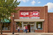 IGA Hometown Proud semi-custom vinyl banner 5 feet wide with store name printed on it, hung on an IGA supermarket exterior in a small-town neighborhood setting