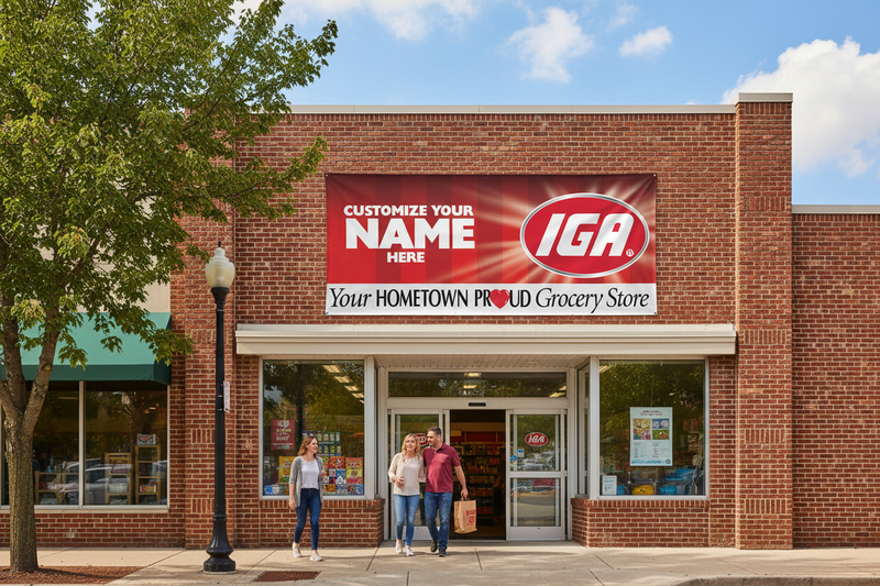 IGA Hometown Proud semi-custom vinyl banner 5 feet wide with store name printed on it, hung on an IGA supermarket exterior in a small-town neighborhood setting