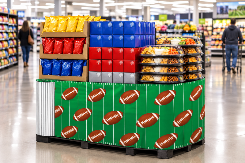 Football Corrugated Base Pallet Wrap, 42 in x 25 ft, green field and football print wrapping a supermarket game day pallet display of chips, soda cases and party snack trays