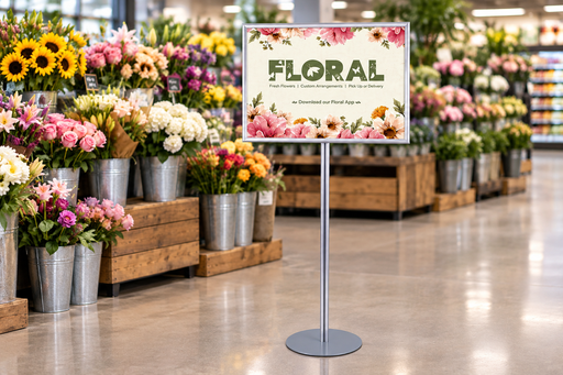 Silver single-sided snap-frame floor stand displaying a horizontal 36 × 24 floral poster in a supermarket floral department.