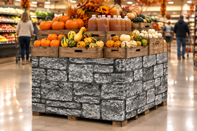 Fieldstone Corrugated Base Pallet Wrap, 48 in x 25 ft, stacked stone print wrapping a supermarket pallet display of pumpkins, gourds and cider