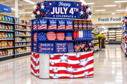 Stars and Stripes corrugated base pallet wrap on a grocery store July 4th end cap display