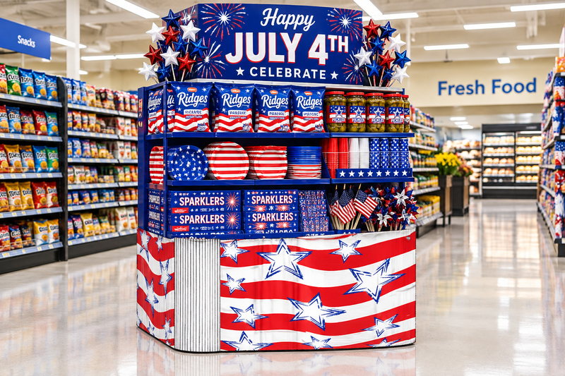 Stars and Stripes corrugated base pallet wrap on a grocery store July 4th end cap display