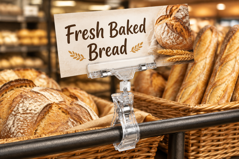 Clear plastic large clip-on sign holder clamped to a bakery rack rail, swivel knuckle angling a Fresh Baked Bread card above baskets of loaves and baguettes