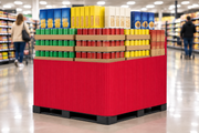 Red Corrugated Base Pallet Display Wrap, 42 in x 25 ft, solid red fluted wrap around the base of a supermarket pallet display of canned goods and boxed pantry items