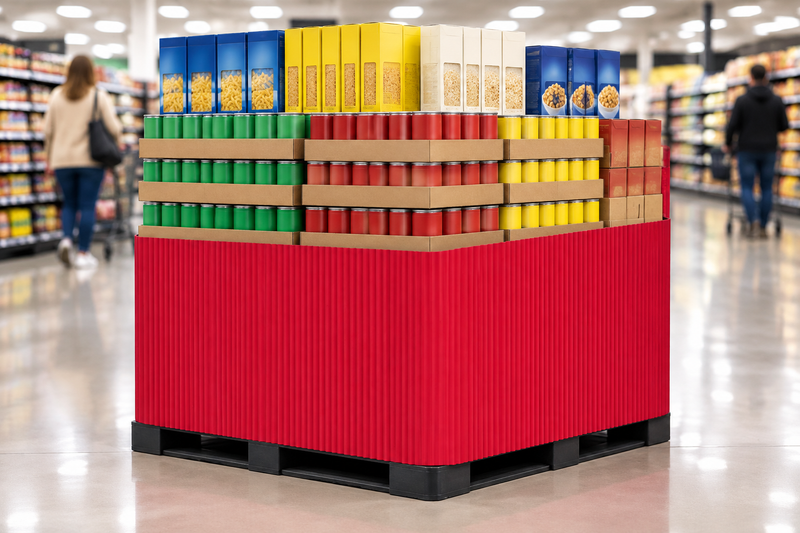 Red Corrugated Base Pallet Display Wrap, 42 in x 25 ft, solid red fluted wrap around the base of a supermarket pallet display of canned goods and boxed pantry items