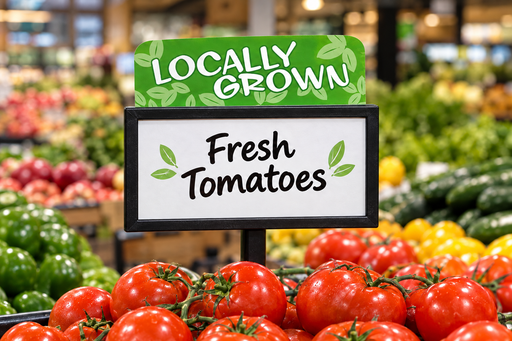Green Locally Grown sign topper extending above a landscape 7-inch-high by 11-inch-wide black sign frame in a supermarket produce display; frame sold separately