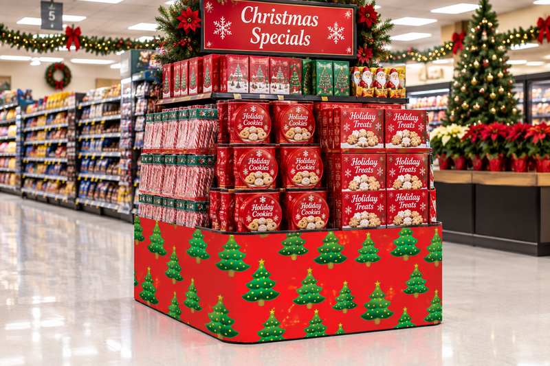 Christmas Trees corrugated base pallet wrap on a grocery store Christmas Specials end cap display