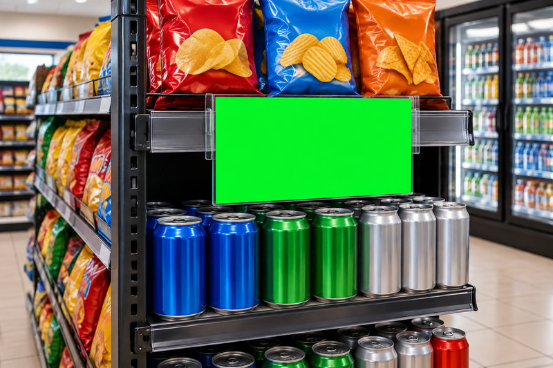 Full-size horizontal 11 by 7 inch green fluorescent price card held at the shelf edge of a stocked convenience-store endcap beside snack bags and canned drinks