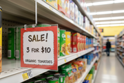 Red Starburst Shelf Signs Price Cards 5.5x3.5 inserted into shelf sign holder in retail store aisle with products in background - lifestyle in-store display