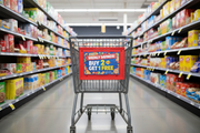 Red shopping cart sign frame mounted on wire grocery cart inside supermarket aisle displaying a promotional sign insert