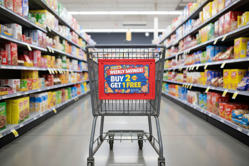 Red shopping cart sign frame mounted on wire grocery cart inside supermarket aisle displaying a promotional sign insert