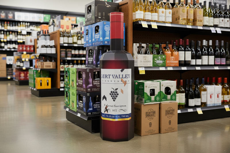 Custom printed 4.5-foot wine bottle display standee positioned beside wine and beverage shelves in a retail store, lifestyle merchandising view