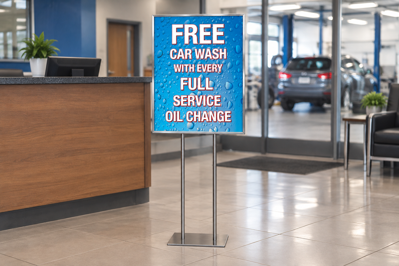 Free Car Wash with Every Full Service Oil Change 22 × 28-inch poster displayed in a floor stand at an automotive service reception.