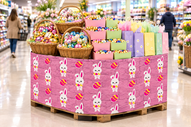 Easter Corrugated Base Pallet Wrap, 48 in x 25 ft, pink bunny and egg print wrapping a supermarket pallet display of Easter baskets, chocolate eggs and gift bags