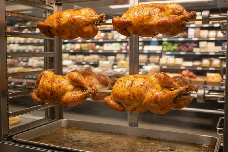Golden roasted rotisserie chicken with elastic tucker loops holding the legs together, displayed in a grocery store deli rotisserie case.