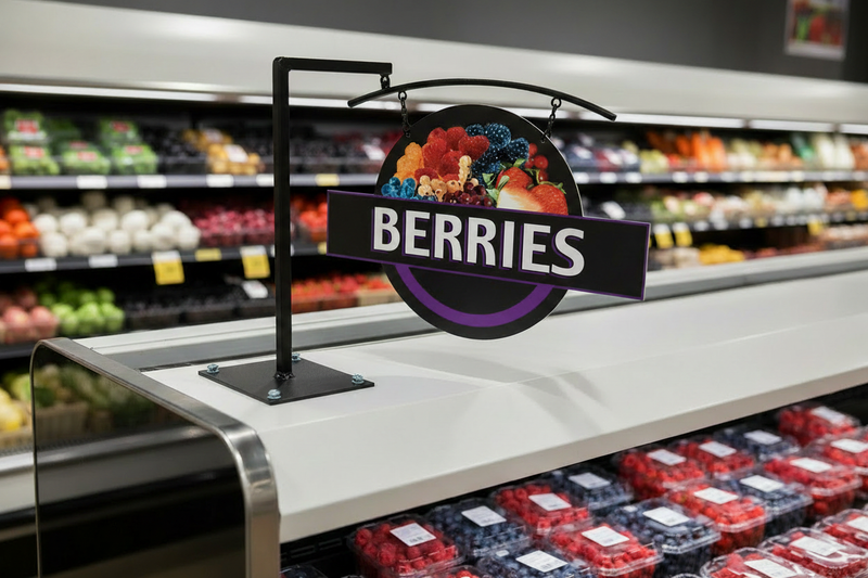 Full-size berries produce sign mounted on the top of a supermarket produce case with visible holder hardware