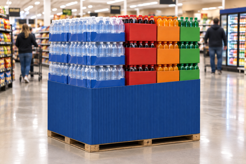 Blue Corrugated Base Pallet Wrap, 42 in x 25 ft, solid blue fluted wrap around the base of a supermarket beverage pallet display of bottled water and soft drinks