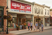 IGA Hometown Proud semi-custom vinyl banner with store name printed on it, hung on an IGA supermarket exterior in a small-town neighborhood setting