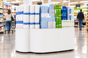 White Corrugated Base Pallet Wrap, 48 in x 25 ft, solid white fluted wrap around the base of a supermarket pallet display of paper goods and household items