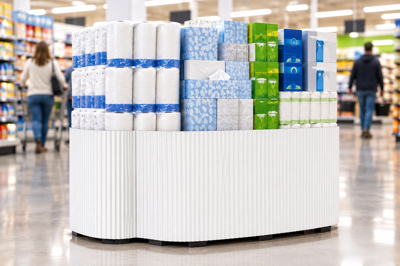 White Corrugated Base Pallet Wrap, 48 in x 25 ft, solid white fluted wrap around the base of a supermarket pallet display of paper goods and household items