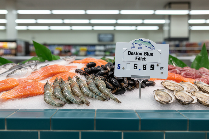 Seafood dial price tag with fish graphic displayed on a fresh seafood counter with salmon, shrimp, mussels, and oysters, lifestyle merchandising view