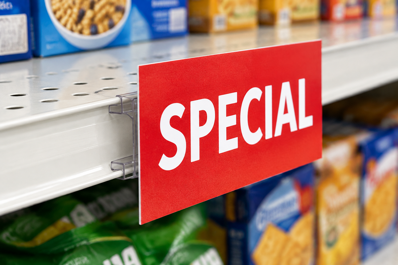 Special sign covering the adhesive face of a clear PVC price-channel sign holder on a grocery shelf.