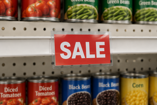 Clear center-mount slim sign protector displaying a Sale card above and below a grocery shelf edge.