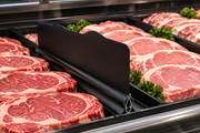 Black 12-inch case divider sign holder separating meat cuts in supermarket display case