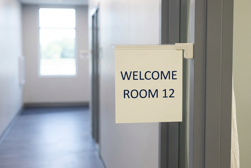 Magnetic school sign holder with boot base and 12-inch channel displaying a classroom welcome sign on a metal door frame