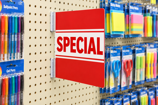Larger pegboard sign supported by two Super Grip clips