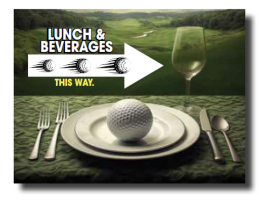 Golf ball on a plate with cutlery and a glass of wine, set against a golf course background.