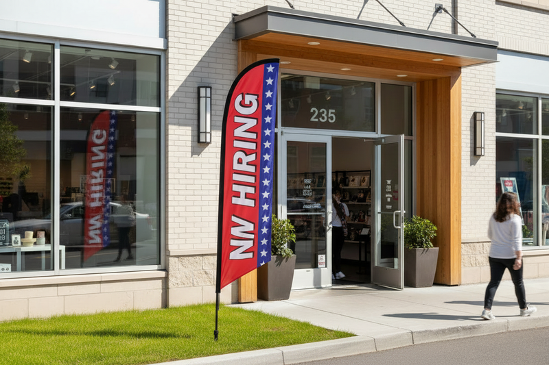 Now Hiring Feather Flag – Grass Setting