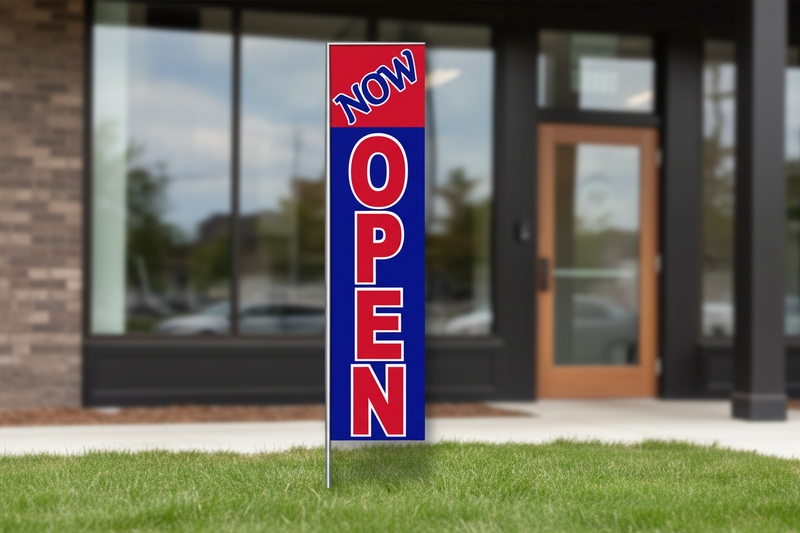 Now Open banner flag original artwork lifestyle image
