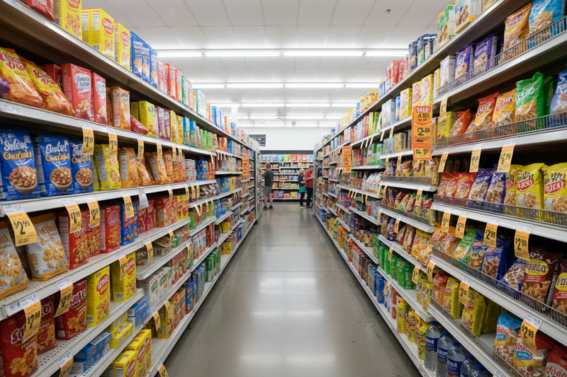 Orange Fluorescent Shelf Signs Retail Aisle Lifestyle