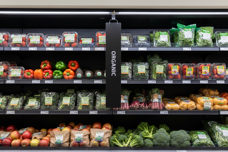 Organic blade sign inside a produce case