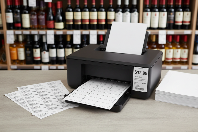Printable wine-shop price-tag sheets beside a printer