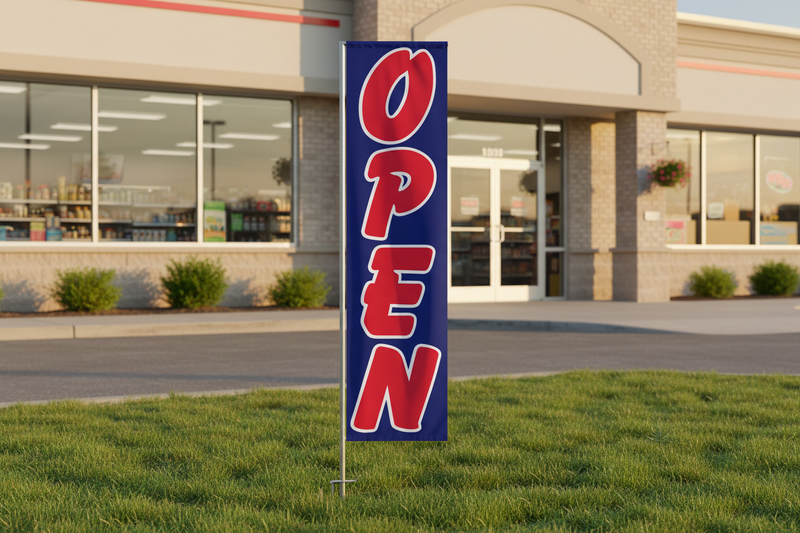Red and blue Open feather flag planted in green grass outside a retail storefront, showing the full 12-foot outdoor banner