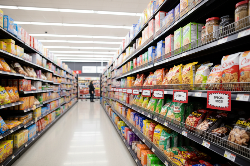 Red Starburst Price Cards Flat Against Shelf Retail Lifestyle