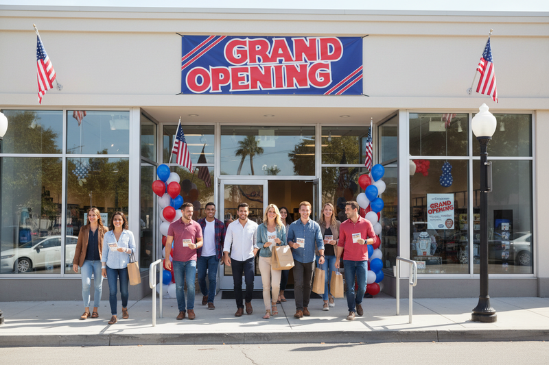 Red White Blue Grand Opening Vinyl Banner Patriotic Storefront Lifestyle