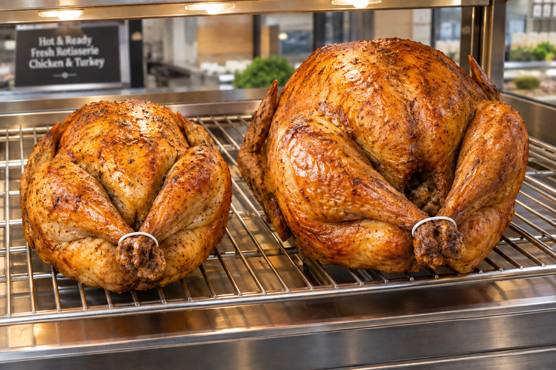 Rotisserie chicken and turkey trussed with a thinner elastic loop in a deli hot case