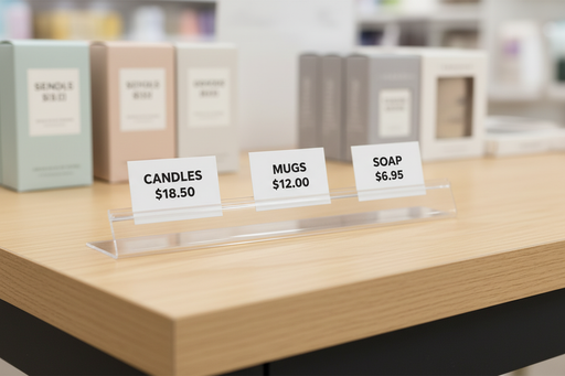 Short price cards sitting in the easel rail track