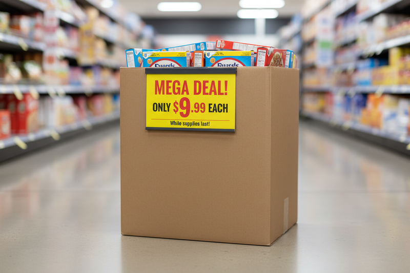 Sign Holder Clipped onto Front of Cardboard Dump Bin