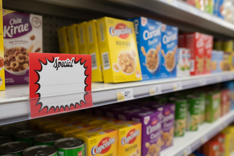 Special starburst shelf sign with header at top in retail store