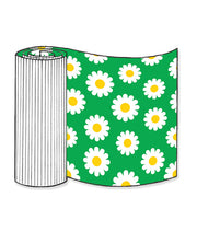 A roll of corrugated base material with a green background featuring white and yellow daisy patterns, unrolled to show detail.
