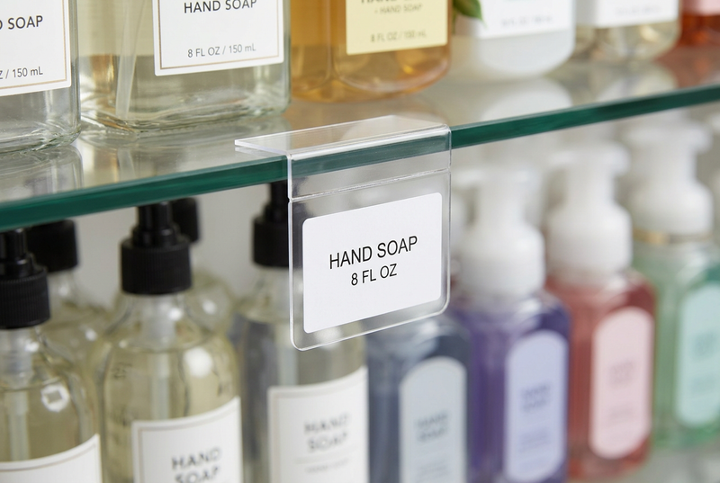 Stick-on label holder on a retail glass shelf