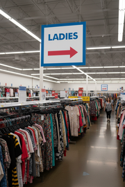 Thrift Store Ladies Hanging Aisle Marker Sign Portrait Lifestyle