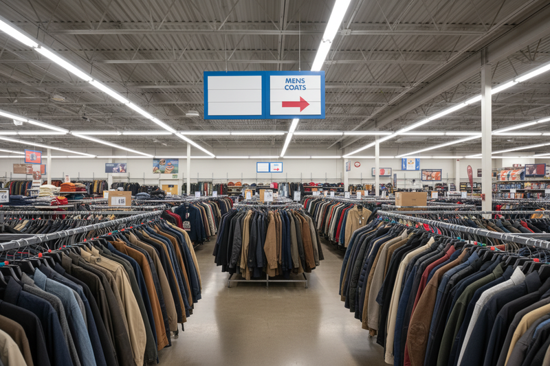Thrift Store Men's Coats Hanging Aisle Marker Sign Lifestyle